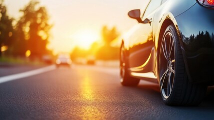 Car driving on highway with vibrant lighting, dynamic movement.