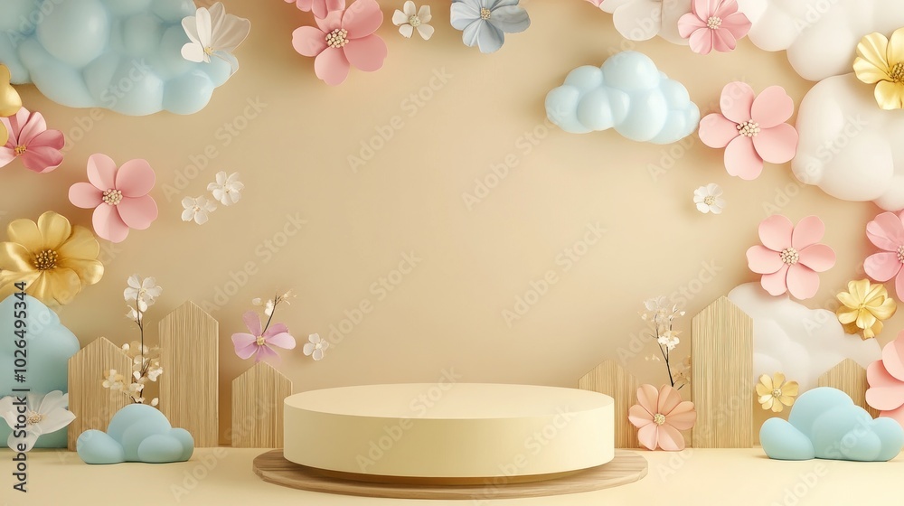 Wall mural A pastel-themed display with flowers and clouds, ideal for celebrations or events.