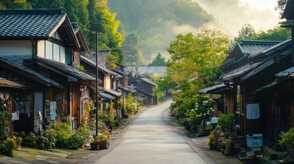 A tranquil village street lined with traditional wooden houses and lush greenery.