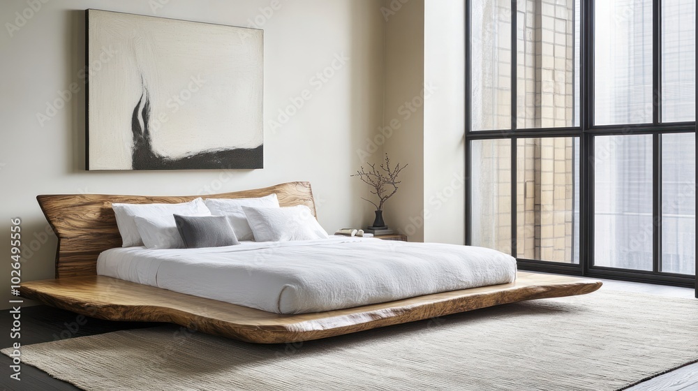 Poster Modern bedroom with a wooden platform bed, minimalist decor, and large windows.