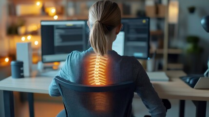 Woman sitting at her desk, working on her computer, with a glowing spine overlayed on her back, highlighting the potential for back pain from prolonged sitting.