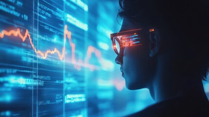 A person analyzes financial charts with glowing digital data overlays, indicative of futuristic technology in business