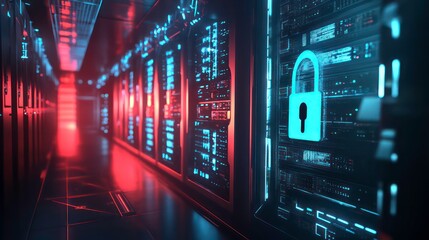 A server room with a glowing padlock symbol on a server rack, signifying data security.