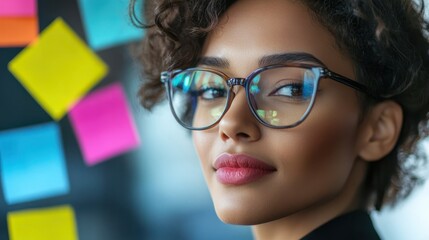 A professional woman with glasses and short wavy hair engaging with her team in a brainstorming session with colorful post-it notes, representing teamwork and creativity.