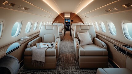 Fototapeta premium Luxurious private jet interior with plush leather seats, large windows, and elegant lighting, featuring a modern design and comfortable atmosphere.