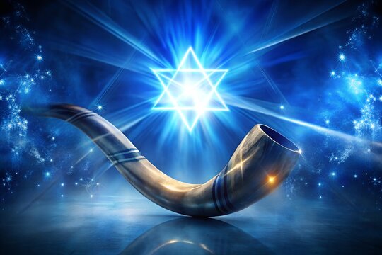Glowing shofar silhouette and Star of David in deep blue abstract background for Yom Kippur