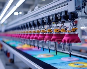 Automated machines printing custom designs on fabric, showcasing precision and technology in clothing production