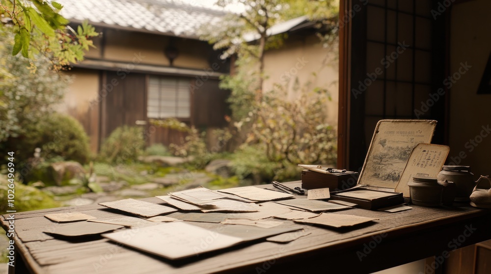 Poster A serene workspace with scattered papers and a view of a tranquil garden.