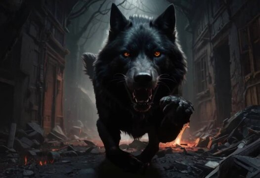 a huge black wolf rushes straight at us