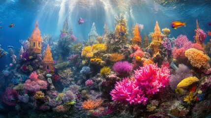 Naklejka premium Vibrant underwater scene featuring colorful corals and intricate structures.