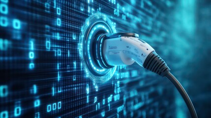 A close-up of an electric vehicle charging cable plugged into a charging station with a glowing blue ring around it on a blue digital background.