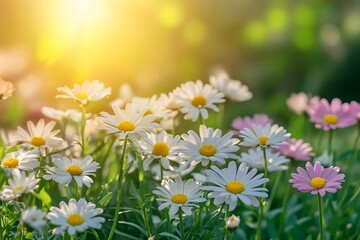 Spring daisies in white and pink under the bright sun, epitomizing a cheerful sunny day in springtime