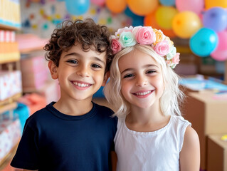 Joyful israeli kids in kindergarten celebrating with balloons and flowers in a colorful party...