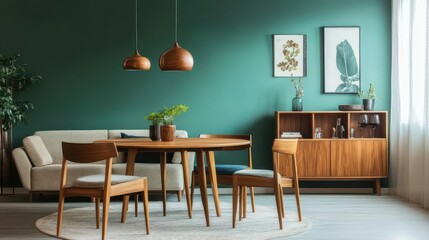 Modern Dining Room with Green Walls and Wooden Furniture