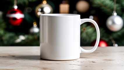 Fototapeta premium White ceramic coffee mug Christmas mockup with red and metallic decorations on pine tree background