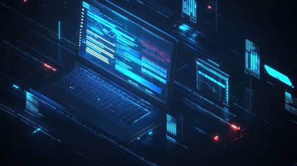 Fototapeta premium A futuristic laptop surrounded by digital data streams and holographic displays.
