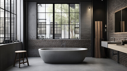Modern bathroom with large freestanding bathtub and industrial-style windows overlooking a tree. Brick walls, minimalist furniture, and a simple stool create a stylish and relaxing atmosphere.