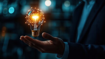 Businessman hand holding creative light bulb with industry network,analysis solution and development marketing network icons planning strategy,