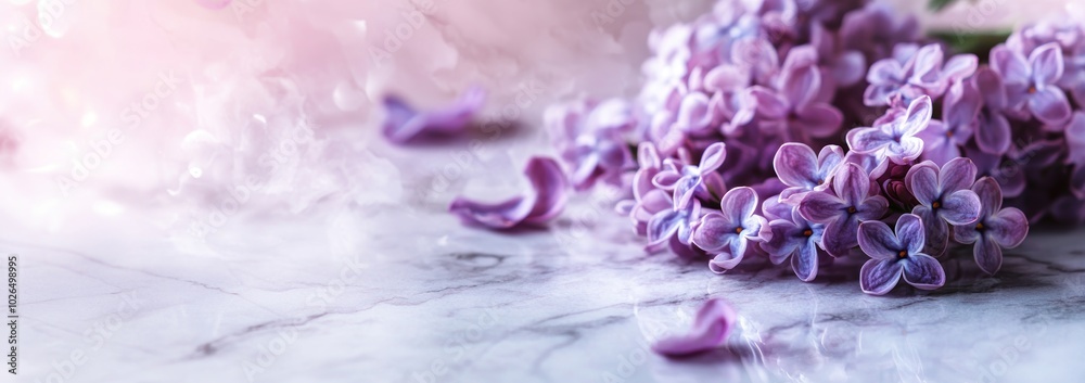 Poster A soft arrangement of lilac flowers on a marble surface, evoking calm and beauty.