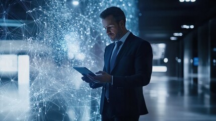 Businessman using tablet with hologram network overlay in futuristic modern office space