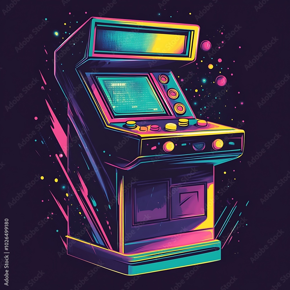 Poster a retro-styled illustration of an arcade game cabinet with neon lights and a dark background.