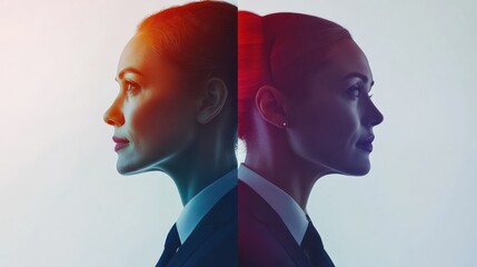 Challenge of business concept. Cooperation of business. Double exposure of group of multinational businesspeople. Wide angle visual for banners or advertisements.