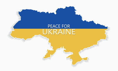 Fototapeta premium Peace for Ukraine message on map of Ukraine in national flag colors Stop war in Ukraine banner for innocent vector 