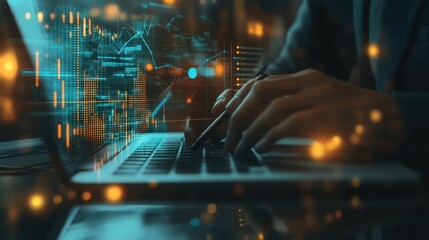 Close-up of a business professional working on a notebook computer with financial metrics and growth arrows overlay