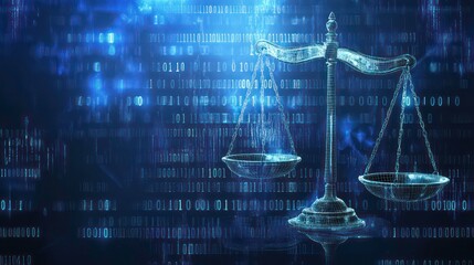 A digital rendering of a scale of justice, set against a blue background of binary code, symbolizing the legal system and its application in the digital age.