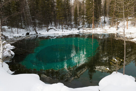 Turquoise thermal lake in Ulagan district near the village of Aktash, Altai Republic, Russia