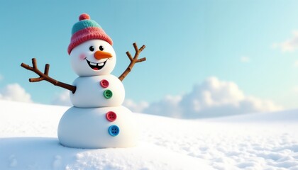 Fototapeta premium Cheerful Snowman with Colorful Buttons and Hat in Winter Landscape