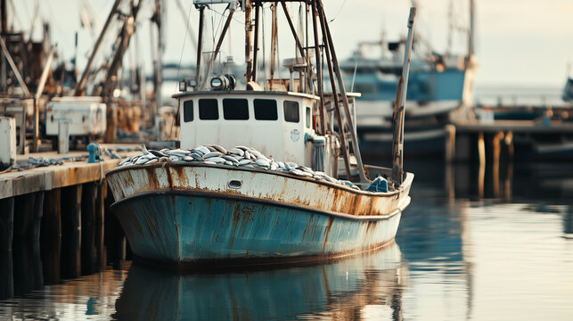 An old fishing boat sits on the water at a dock, fully loaded with fish. The boat has a rusty hull and is docked among other fishing vessels in the port with evening light in the background