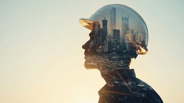 Construction engineer wearing a hard hat with a city skyline double exposure