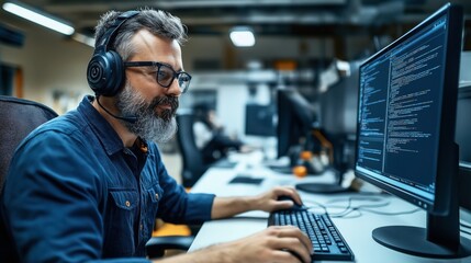 Fototapeta premium Software developer wearing headphones working on computer with code on screen in modern office environment.