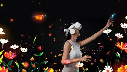 Beautiful Asian woman with VR to metaverse interacting virtual neon flowers pointing while talking to butterfly with new neon blossom in 3D pollen graphic floating meta garden world. Hallucination.