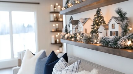 Two floating shelves display a charming Christmas village, illuminated gently above a couch. A decorated tree adds festive cheer to the cozy bedroom
