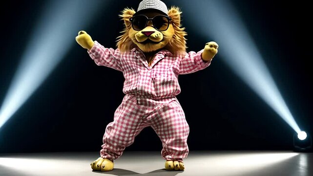A cartoon lion wearing pink checkered pajamas, sunglasses and a hat is standing on a black background. Funny dancing animal video footage concept