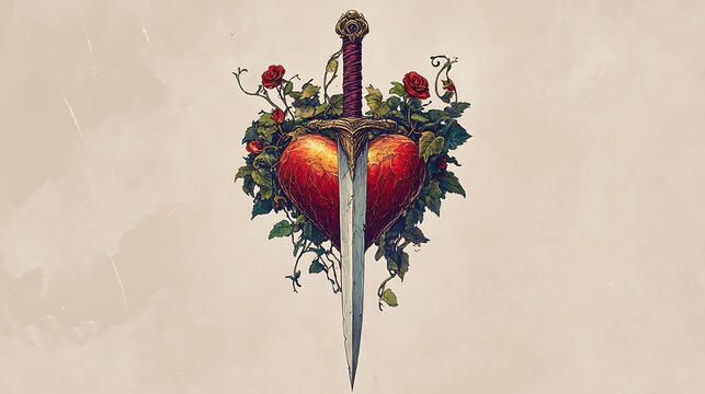 A dagger piercing through a heart with vines and flower