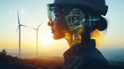Double exposure graphic of business people working over wind turbine farm and green renewable energy worker interface. Concept of sustainability development by alternative energy. uds