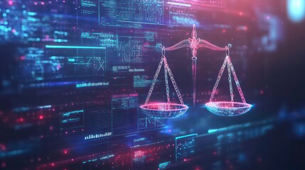 A digital rendering of scales of justice against a background of binary code.