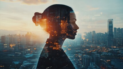 Double Exposure Image of Business Person on modern city background. Future business and communication technology concept. Surreal futuristic cityscape and abstract multiple exposure interface. uds