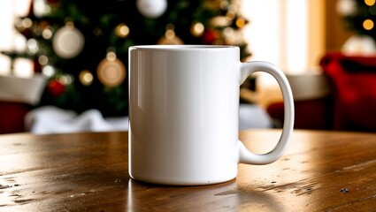 White ceramic coffee mug Christmas mockup with pine tree with gold holiday decorations background