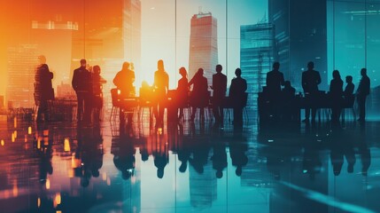 Double exposure image of many business people conference group meeting on city office building in background showing. partnership success of business deal. Concept of teamwork