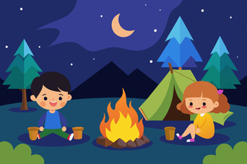 Kids camping in a moonlit night