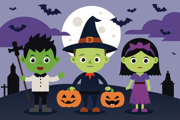 Kid dressed as Frankenstein and witch  for HALLOWEEN