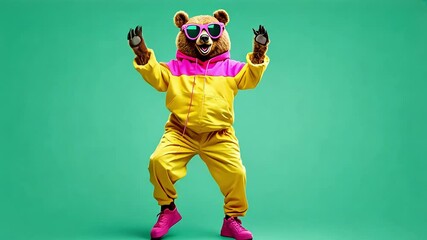 A fun and colorful image of a dancing bear in yellow and pink tracksuit wearing sunglasses against a green background. Funny dancing animal video footage concept