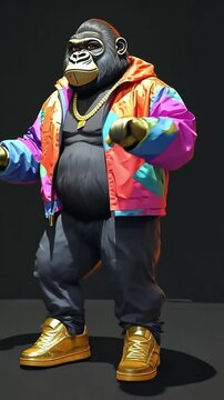 A gorilla wearing a colorful jacket, gold chains, and gold sneakers, standing in front of a black background. Funny dancing animal video footage concept