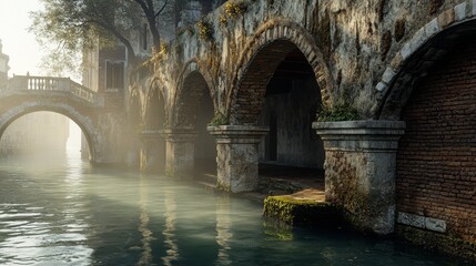 Ancient Stone Archway Over a Foggy Canal in Venice