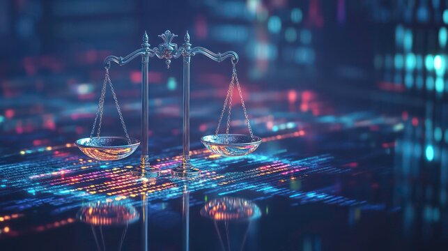A silver scale of justice stands on a digital background with colorful lights.