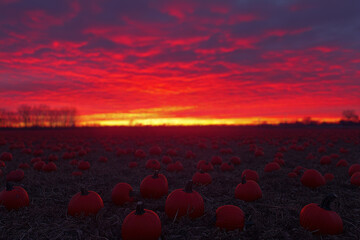 Sunset Over Pumpkin Field 